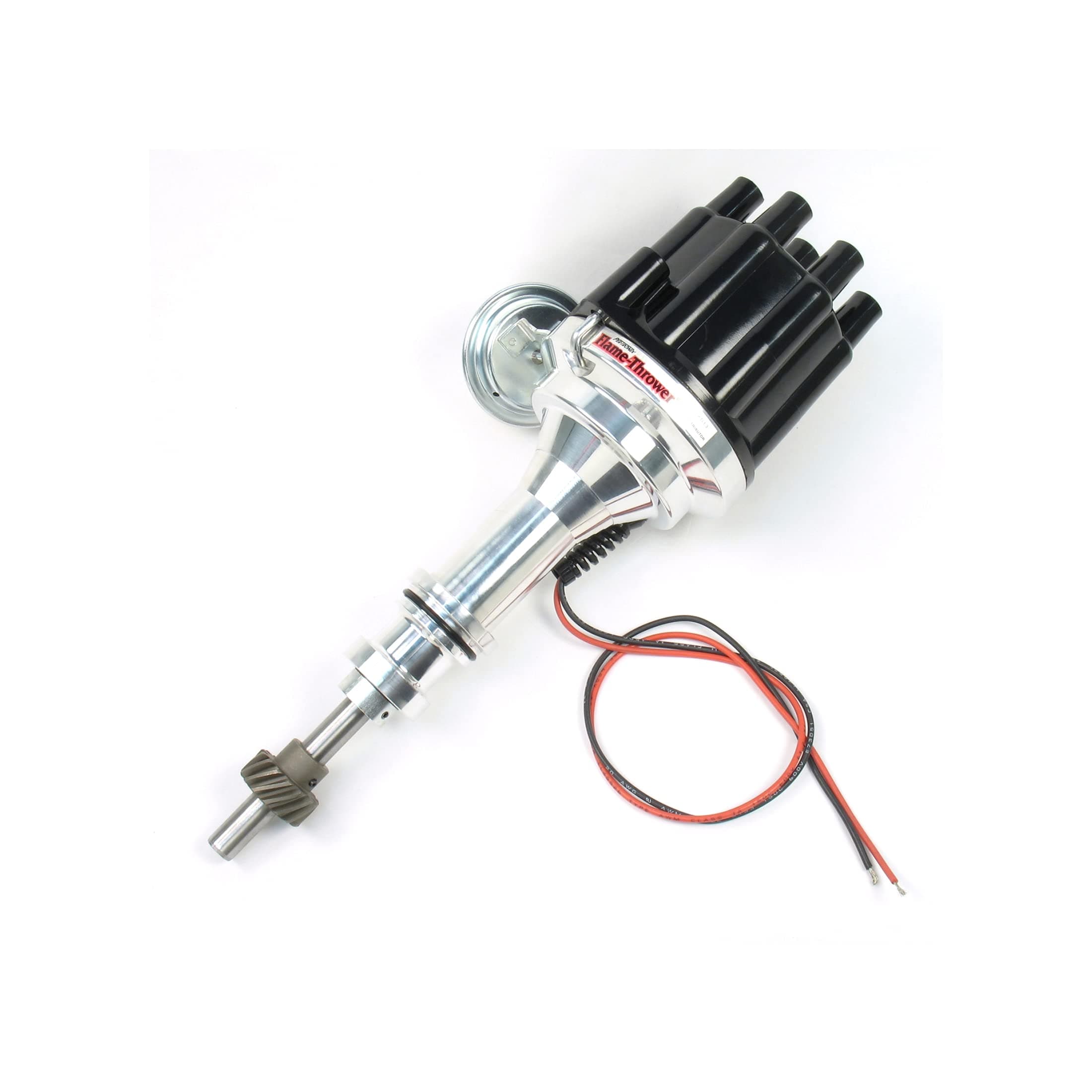 Flame-Thrower Billet Electronic Ignition Distributor with Ignitor II - Plug and Play Distributor for Ford Small Block Engines, Vacuum Advance, Black Female Cap - D130700
