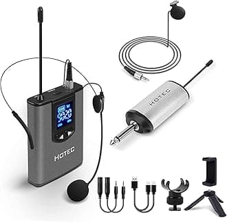 Hotec UHF Wireless Headset Microphone/Lavalier Lapel Mic with Bodypack Transmitter and Mini Rechargeable Receiver 1/4" Output for Live Performances Support Phone