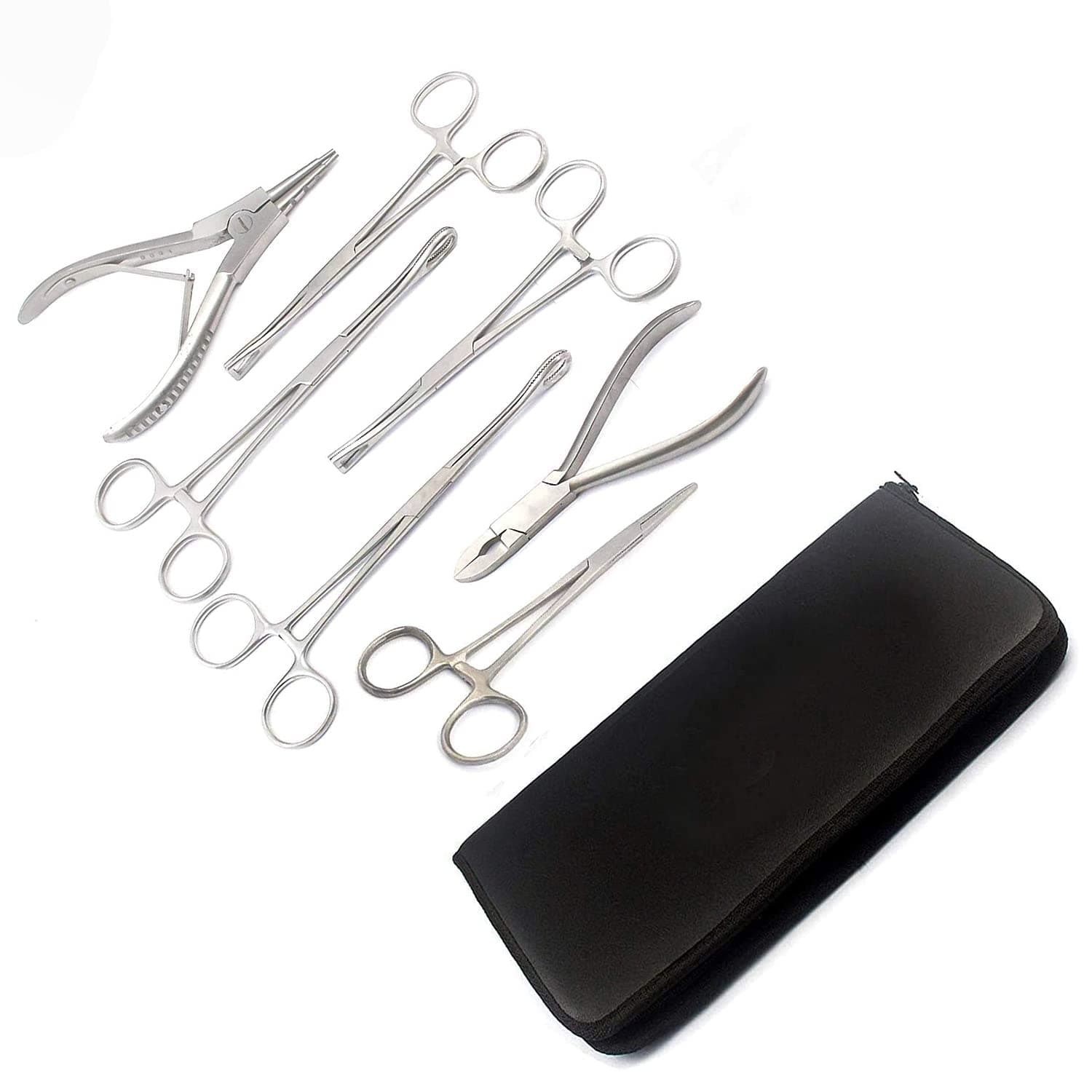 7 Body Piercing Instruments Tools: Pennington Forceps, Bead Tweezers, Sponge Forceps, Ring Pliers - Stainless Steel, Silver, Compact
