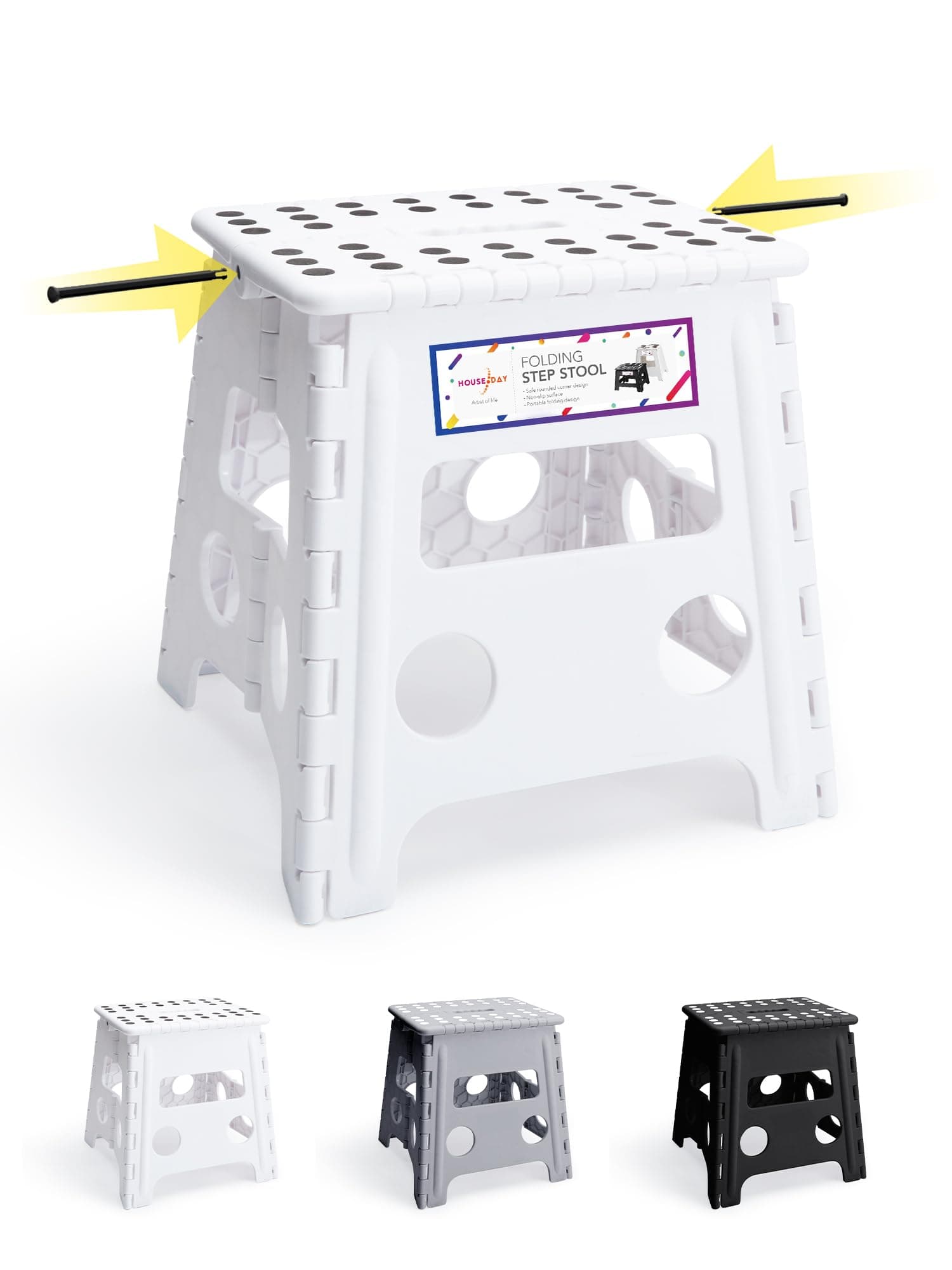 HOUSE DAY Folding Step Stool 13 inch(33cm) Height Medium Heavy Duty Foldable Stool for Adults, Large Foldable Children's Step Stool Non-Slip Folding Stools Portable Plastic Stools for Kids - White