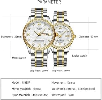 NIBOSI Watches for Couples Diamond Luxury Men and Women His and Hers Pair Watch Set Husband Wife Valentines Matching Wrist Watch Wedding Gifts Day Date Waterproof Quartz Analog