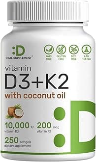 DEAL SUPPLEMENT Vitamin D3 10,000 IU + K2 MK7 200mcg Softgels, 250 Count | 2-in-1 Complex with Virgin Coconut Oil | Easy to Swallow