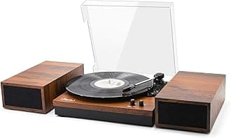 LP&No.1 Wireless Vintage Record Player with Dual External Speakers,Wireless Turntable with RCA Output & Wireless Input,Mahogany Brown Wood