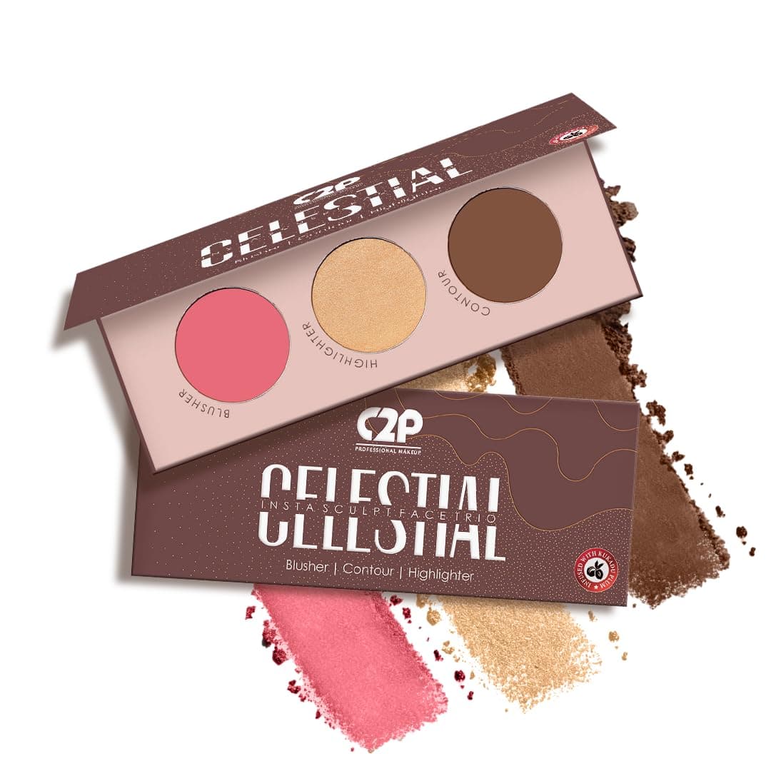 C2P Pro Celestial 3-in-1 Face Palette for Makeup | Matte Bronzer, Highlighter & Blush | Cream-Based Blusher for Cheeks | Lightweight & Long-Lasting | Vegan & Cruelty-Free (12g, Back to L.A.)