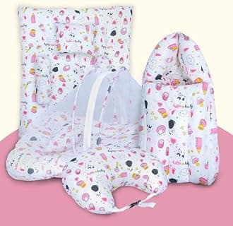 Infans Mini Baby Bedding Set, 4 Pcs Cotton Sleeping Essential|Baby Sleeping Bag|Sleeping Mattress|Mother Nursing Feeding Pillow|Mosquito Net Bed for 0-6 Months (Panda Pink)