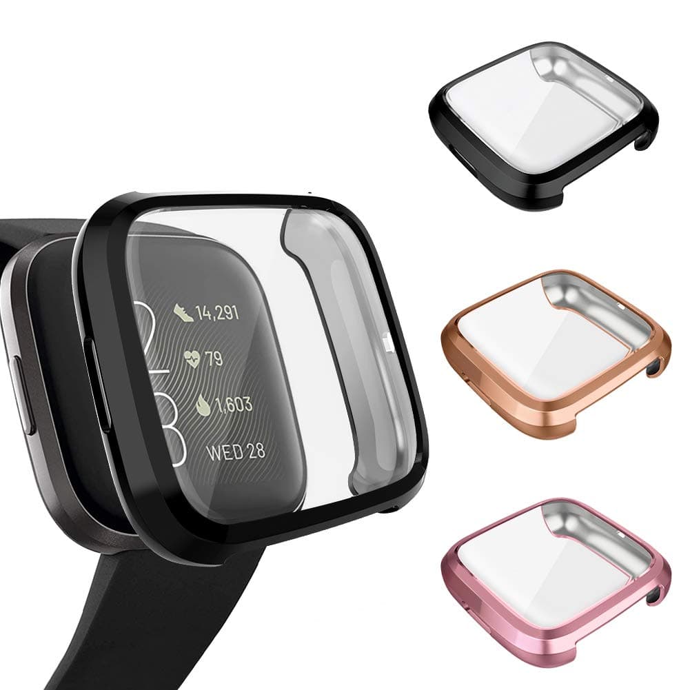 3 Pack Screen Protector Compatible Fitbit Versa 2 Case, Ultra-Thin Slim Soft TPU Protective Case All-Around Full Cover Bumper Shell for Fitbit Versa 2 Smartwatch, Black, Rose Gold, Rose Pink