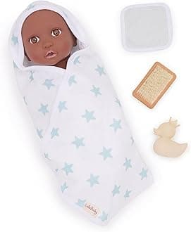 LullaBaby – 14" Baby Doll Accessories – Hooded Bath Towel in Blue Star Pattern – Bath Toys & Pink Ducky – Imaginative Play – Toys for Kids Ages 2 & Up – Baby Doll Bathtime Outfit