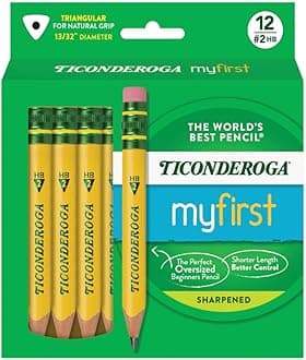 Ticonderoga My First Short Triangular Wood-Cased Pencils, 2 HB Soft, With Erasers, Yellow, 12 Count