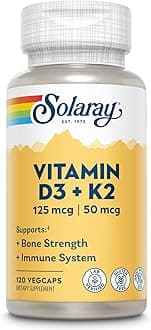 Solaray Vitamin D3 + K2, Calcium Absorption, Bone Strength, Cardiovascular & Immune Function Support (120 Count (Pack Of 1))