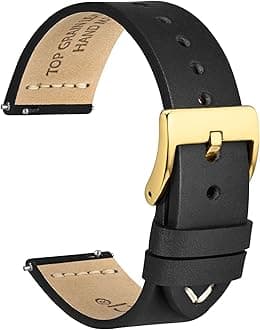 WOCCI 18mm Old-fashioned Watch Band for Men, Top Grain Leather, Golden Polished Buckle (Black)