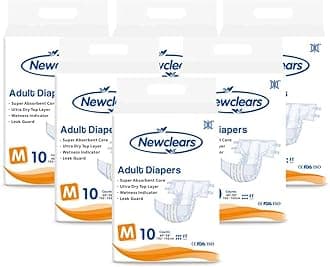 Newclears Adult Diapers with Tabs for Men Women Incontinence Care, Disposable Absorbent for Disability Postnatal Patient Bedridden Care, 10 Count/Pack, 6 Pack, M