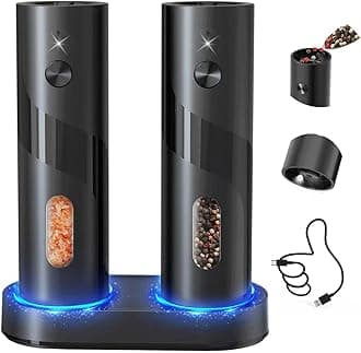 Electric Rechargeable Salt and Pepper Grinder Set Top-Refill Automatic Pepper Mill Grinder with Charging Base, Adjustable Coarseness, Easy Filling Larger Capacity with Led for Home Kitchen