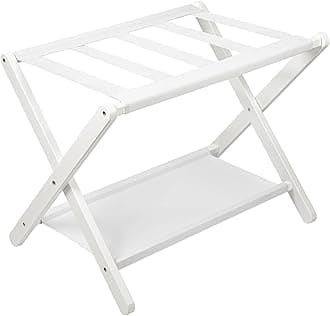 VASMIA Luggage Rack, Folding Suitcase Stand with Storage Shelf,Bamboo Luggage Stand for Guest Room,Bedroon and Hotel,Holds up to 131 lb,Fit Most Luggage Size,White