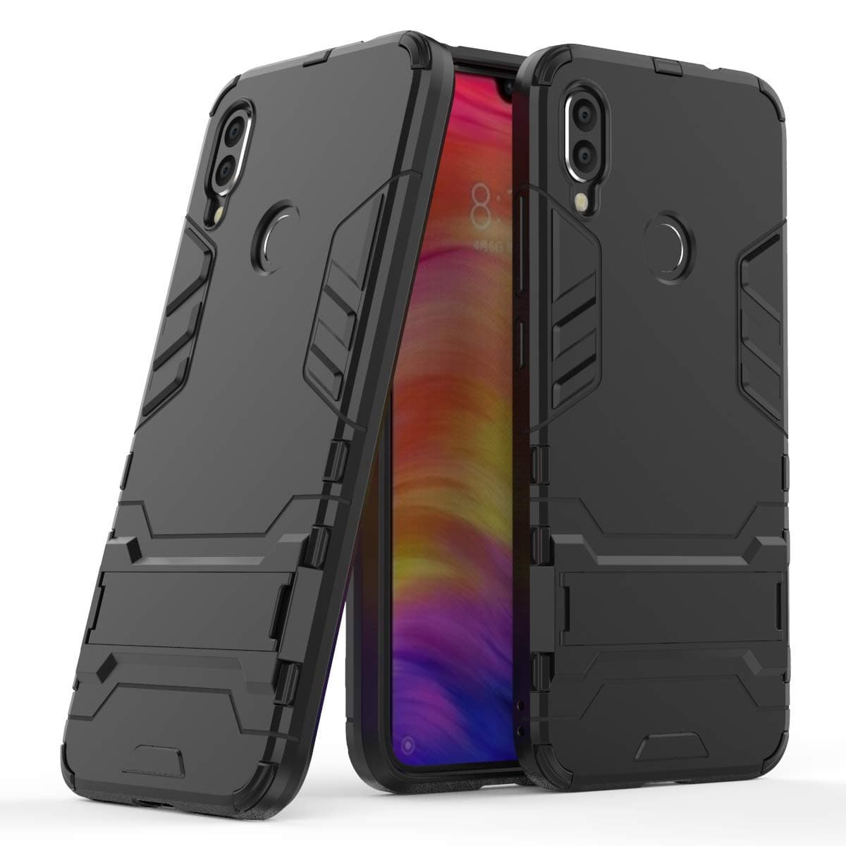 Mobilemart Plastic Shock Proof Kickstand Hybrid Back Case For Mi Redmi Note7/Note 7 Pro (Black)