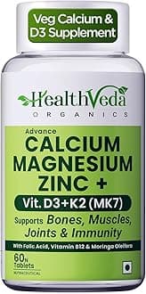 Health Veda Organics Calcium Magnesium Zinc with Vitamin D3, K2 MK7 & B12 | With Cissus Quadrangularis | Supports Strong Bones & Joint Health | 1000mg | 60 Veg Tablets | For Men & Women