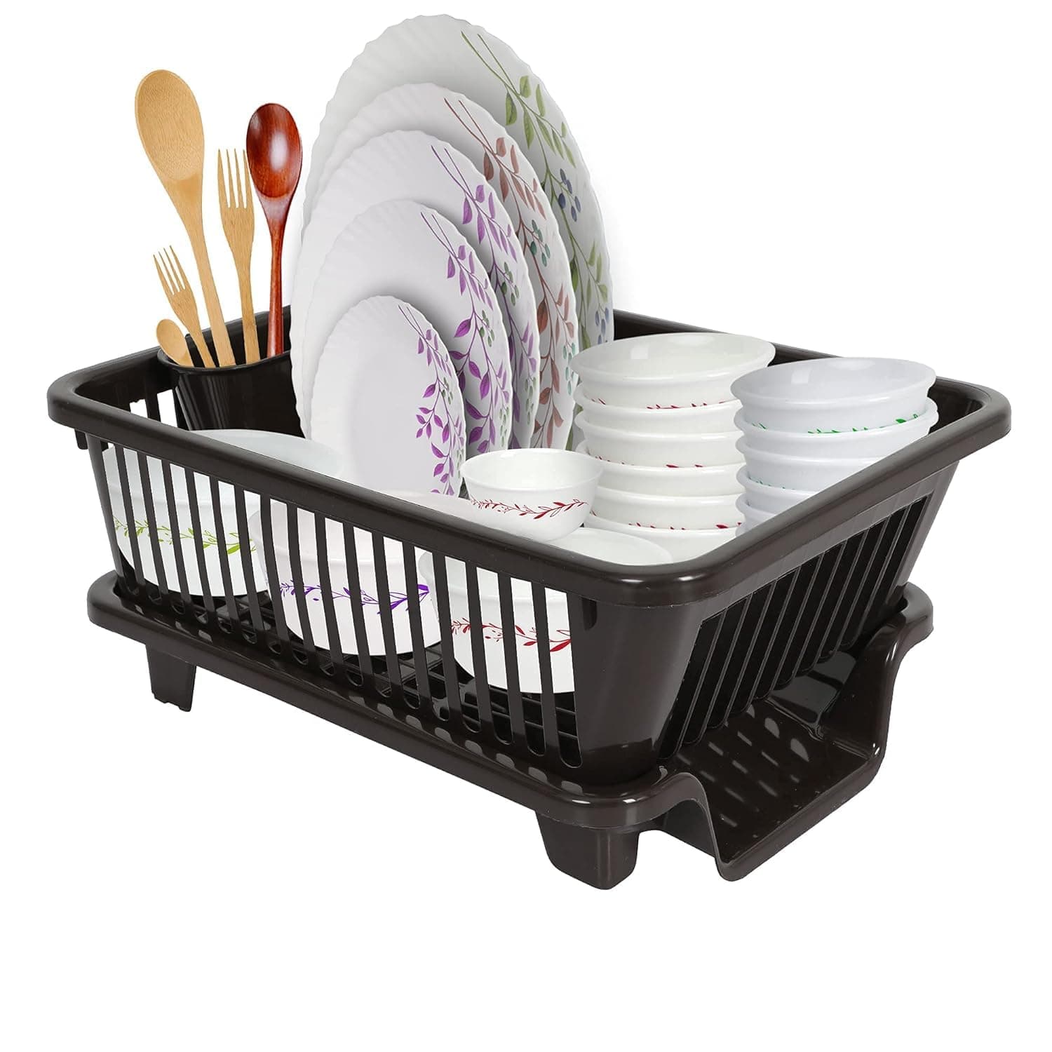 Simparte Dish Drying Rack – 3 in 1 Large Durable Plastic Utensil Basket with Spoon Holder & Removable Dish Drainer Tray | Unbreakable Kitchen Organizer (Dark Brown)