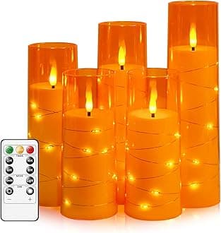 Flameless LED Candles with Timer 5 Pc Flickering Flameless Candles for Romantic Ambiance and Home Decoration Stable Acrylic Shell,with Embedded Star String，Battery Operated Candles（Orange）