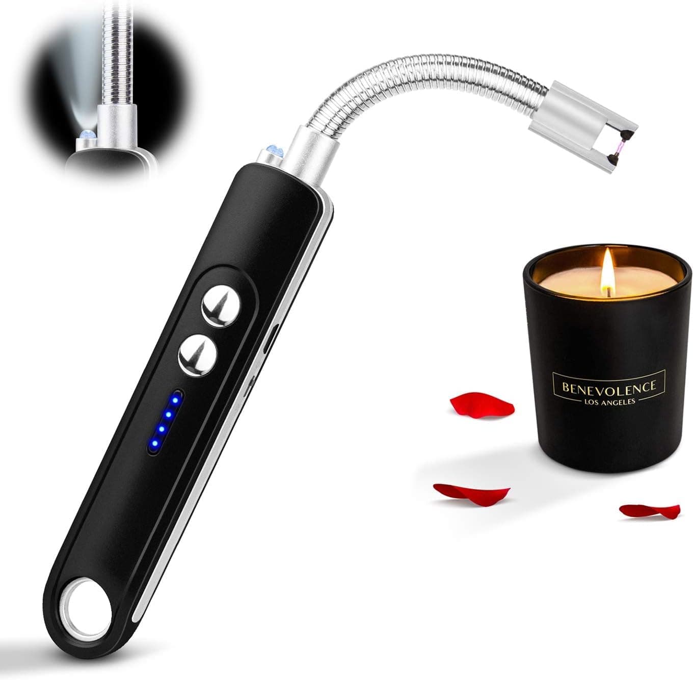Candle Lighter with Flashlight,Electric USB Rechargeable Arc Lighter with Long Flexible Hanging Hook,Flameless Windproof Lighters for Grill Camping Cooking Barbecue Fireworks (Black)