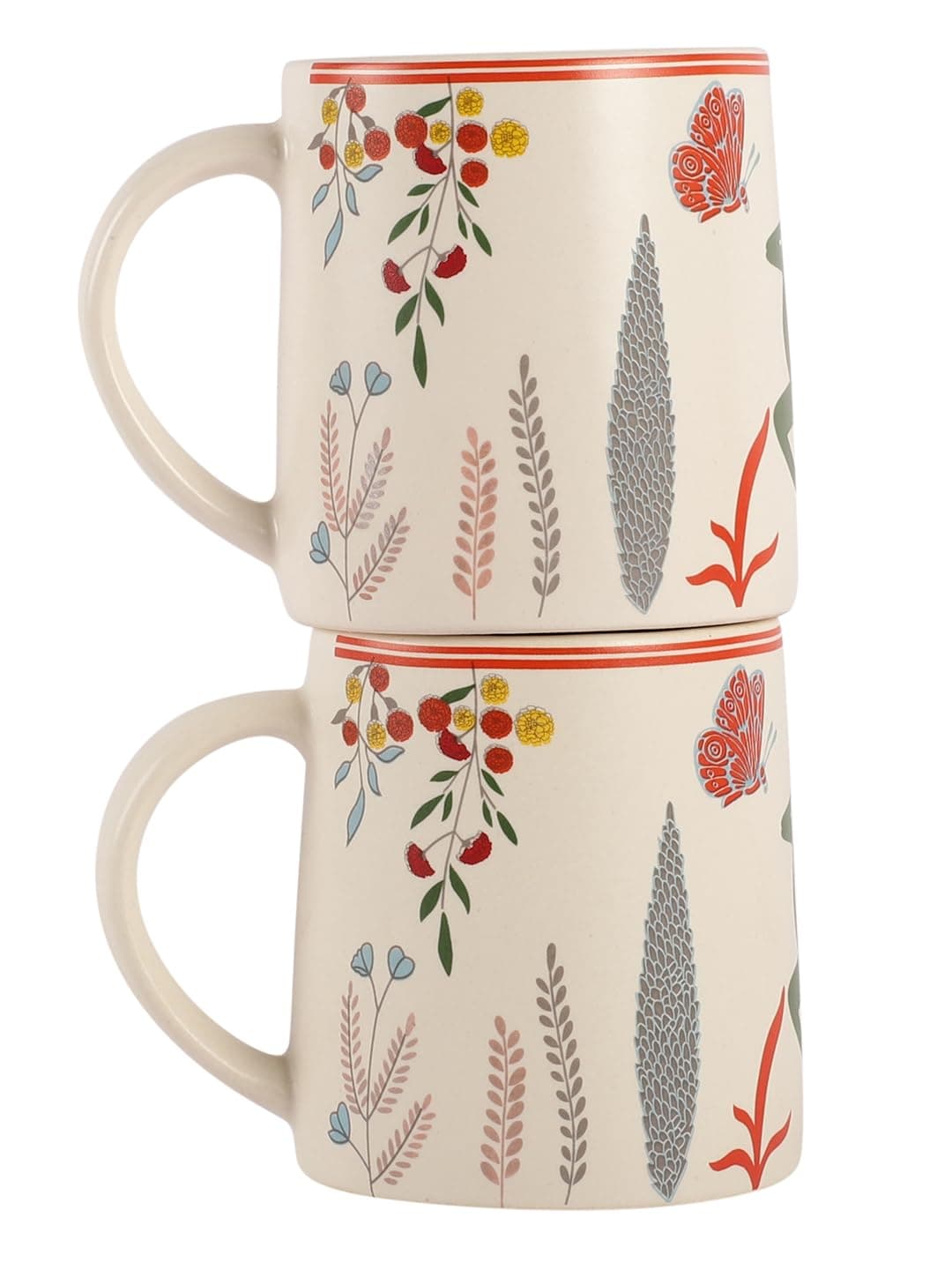 miah decor Ceramic Matte Printed Tea Coffee Mug Set of 2 Floral Design Drinkware Microwave Safe Stoneware Cups for Home & Restaurant-300 ml-White Red