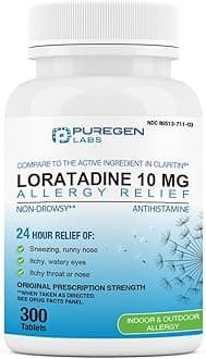 - Puregen Labs Allergy Relief, Loratadine 10mg, 300 Tablets – 24 Hour Non-Drowsy Antihistamine Allergy Medicine for Runny Nose, Sneezing, Itchy, Watery Eyes