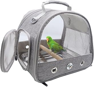 – Bird Travel Carrier with Standing Perch and stainless Steel Tray,Breathable Collapsible Small Bird Carrier Travel Bag for Parrot Parakeet Small Animals for travel hiking Camping (Grey)
