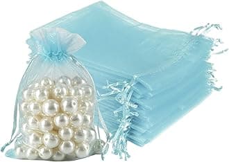 HRX Package 100pcs Organza Favor Bags 4 x 6 inch, Light Blue Mesh Bags Drawstring Sheer Jewelry Pouches for Small Gift Baby Shower Party Candy