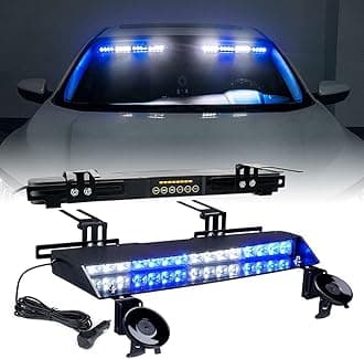 Xprite LED Dual Visor Strobe Light Bar, Windshield Sunvisor Emergency Warning Flashing Police Lightbars w/ Suction Cup & Control Panel, for POV Volunteer Firefighter Vehicles Trucks - White Blue
