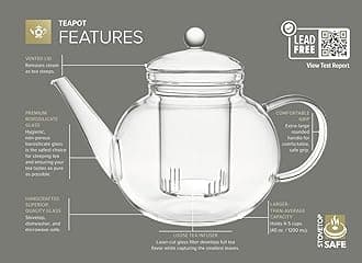 Teabloom Borosilicate Glass Tea Set: Heatproof Glass Teapot - Loose Tea Infuser - Tea Warmer - 4 Insulated Teacups - 12 Flowering Teas
