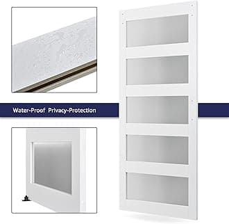 36in x 96in Glass Barn Door with 6.6ft Barn Door Hardware Kit & Handle, Pre-Drilled Holes Easy Assembly -Solid Barn Door Slab Covered with Water-Proof PVC Surface, White, 5 Panel