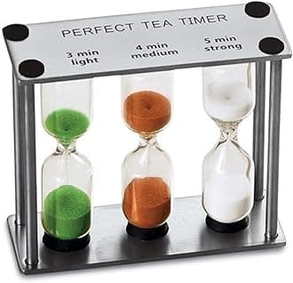 Lily's Home 3.75" Tall 3-in-1 Perfect Tea Timer, Includes 3, 4, and 5 Minute Sand Hourglass Timers, Use for Making Tea or Keeping Time Around The Kitchen, Brushed Stainless Steel Frame
