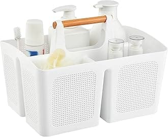 ALINK Portable Shower Caddy Basket with Compartments, Plastic Divided Cleaning Caddy Organizer Storage Tote with Handle for Bathroom, College, Dorm Room Essentials, White
