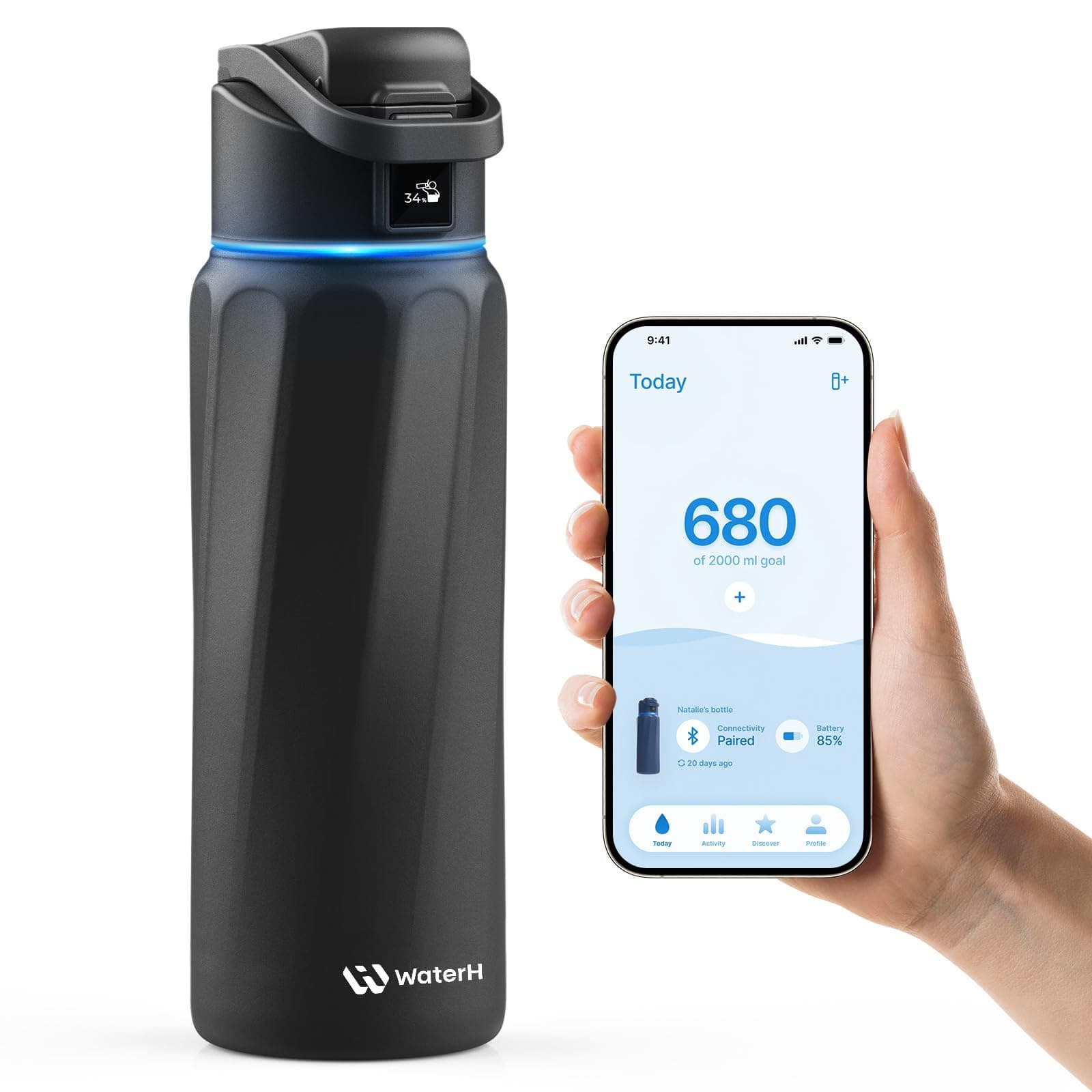 WaterH Boost Smart Water Bottle that Reminds You to Drink, BPA-Free Stainless Steel Vacuum Insulated Bottle, Wide Mouth Water Tracker Bottle with APP, Ideal for Mother's Day, Black, 946 ml