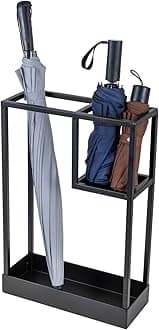 MyGift Modern Black Metal Entryway Umbrella Rack with Geometric Design, 13 x 5-inch Wide Rectangular Freestanding Cane Umbrella Holder with Shelf for Small Umbrellas and Bottom Drip Catch Tray