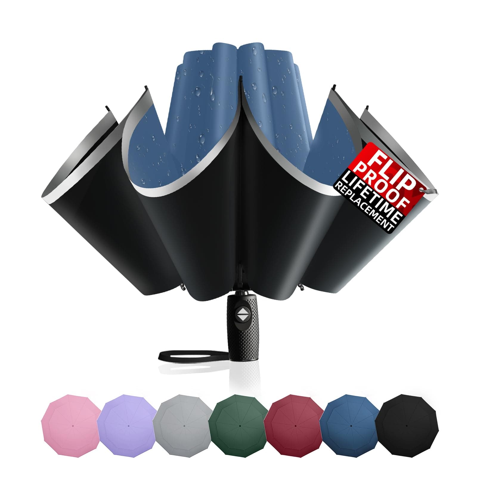 Windproof Inverted Umbrella with Reflective Stripe – Auto Compact Rain & Sun UV Umbrella for Car & Backpack