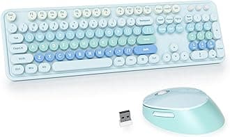 Guffercty GTSP Cute Blue Wireless Keyboard and Mouse Set, Colorful Retro Typewriter Full-Size Aesthetic Office 2.4GHz With Round Keycaps for Desktop, Laptop and PC