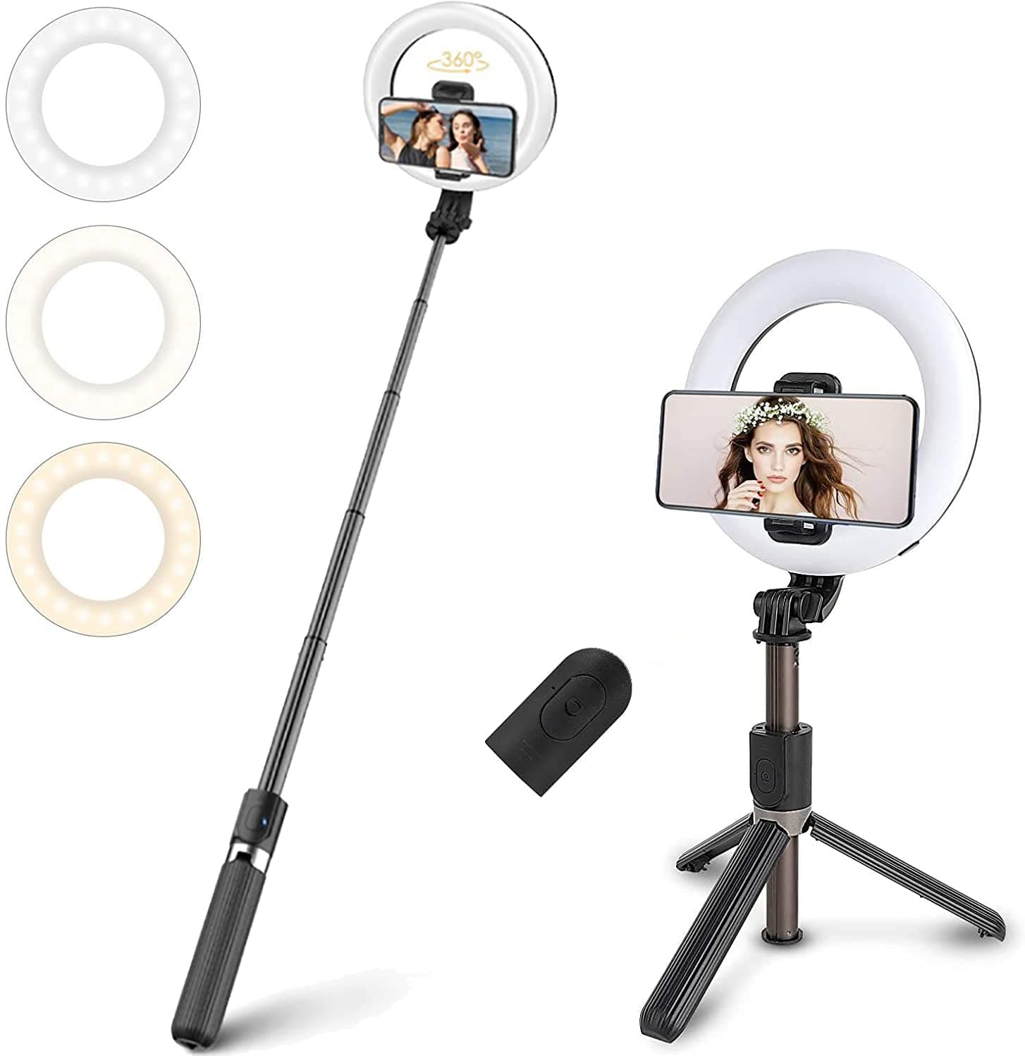 Selfie Stick with 6.3" Ring Light, 3 in 1 Selfie Stick Tripod with Phone Holder LED Fill Light Bluetooth Remote Control, Dimmable 3 Colors for YouTube TikTok Videos Live Stream Make-ups