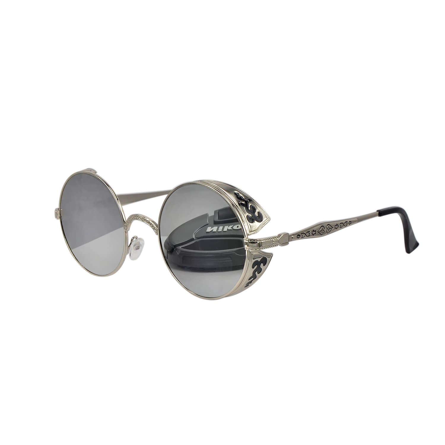 Ucspai Pattern Frame Steampunk Sunglasses Goggles Silver&Mirror Lens