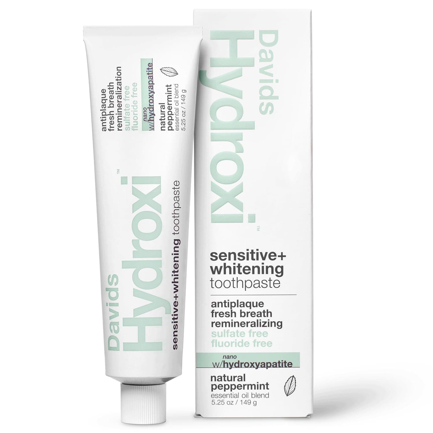 Davids Hydroxi Fluoride Free Nano Hydroxyapatite Toothpaste for Remineralizing, Sensitive Support, Whitening, Antiplaque, SLS Free, Natural Peppermint, 5.25oz, Made in USA