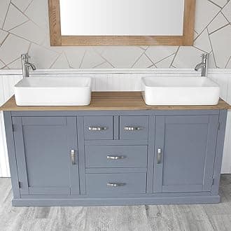 Wooden Bathroom Vanity Unit with 2 Ceramic Basins - Modern Bathroom Sink Cabinet with Drawers - Double Vanity Unit with Chromed Mixer Taps - Grey Painted - Rectangle Bowl (603GCB021X2)