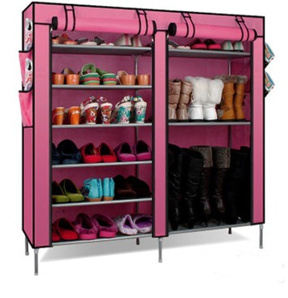 KUU 6-Tier 2 Rows Doors Shoe Cabinet Rack Large Shoes Stand Storage Organizer-Pink