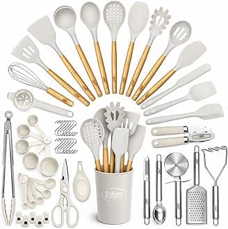 Kaluns 50 PCS Silicone Kitchen Utensils Set Complete Kitchen Set - 800°F Heat Resistant Non-Stick Premium Cooking Utensils W Wooden Handles - Can Opener, Masher, Turner, Silicone Spatula Set