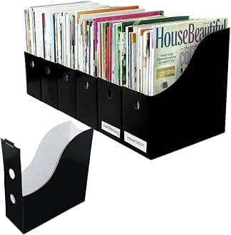 Evelots Magazine File Holder-Organizer-Full 4 Inch Wide-Black-with Labels-Set/6