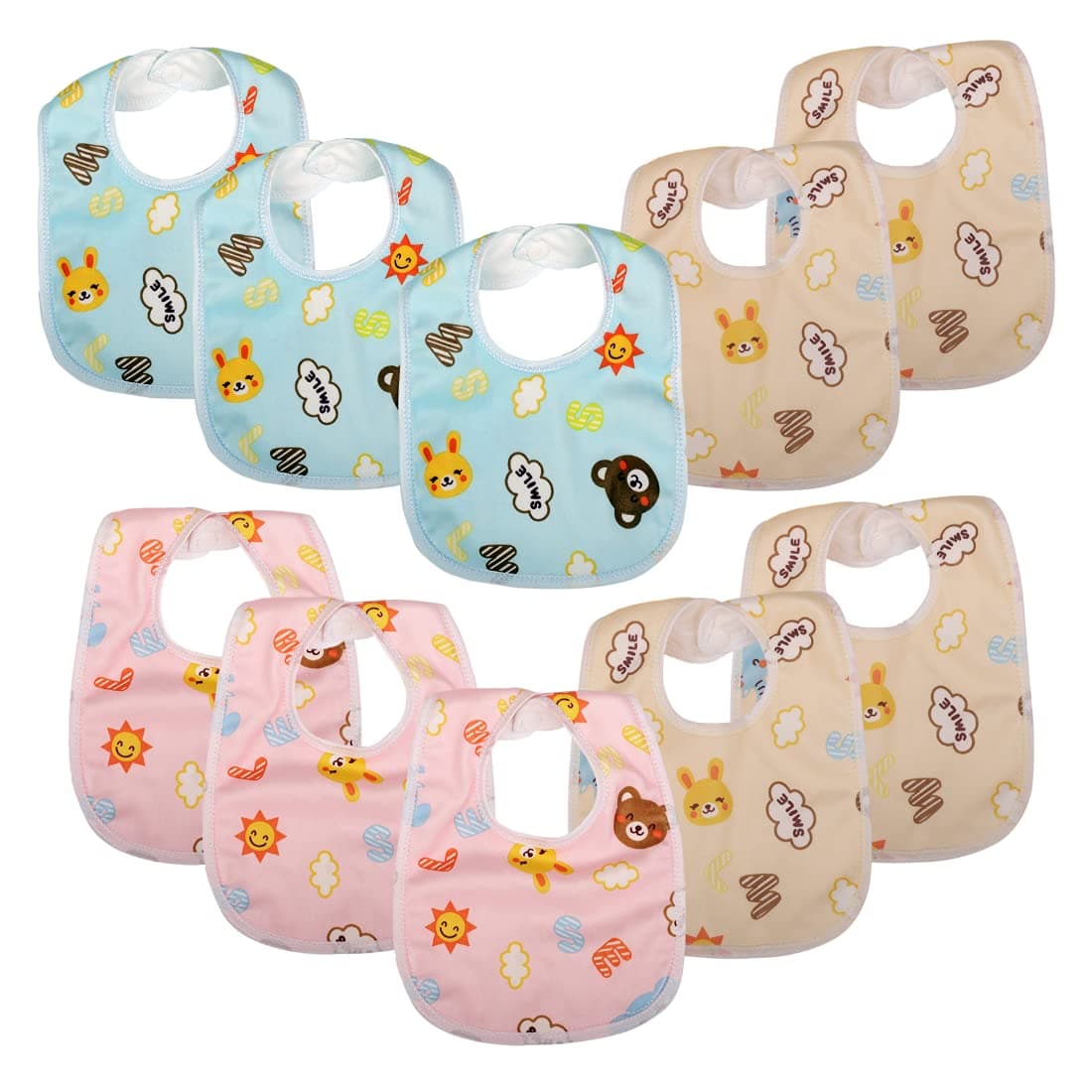 10 Pack Waterproof Dribble Bib Snap Button Soft Absorbent Fabric for Drooling, Teething (Blue, Pink, Yellow)