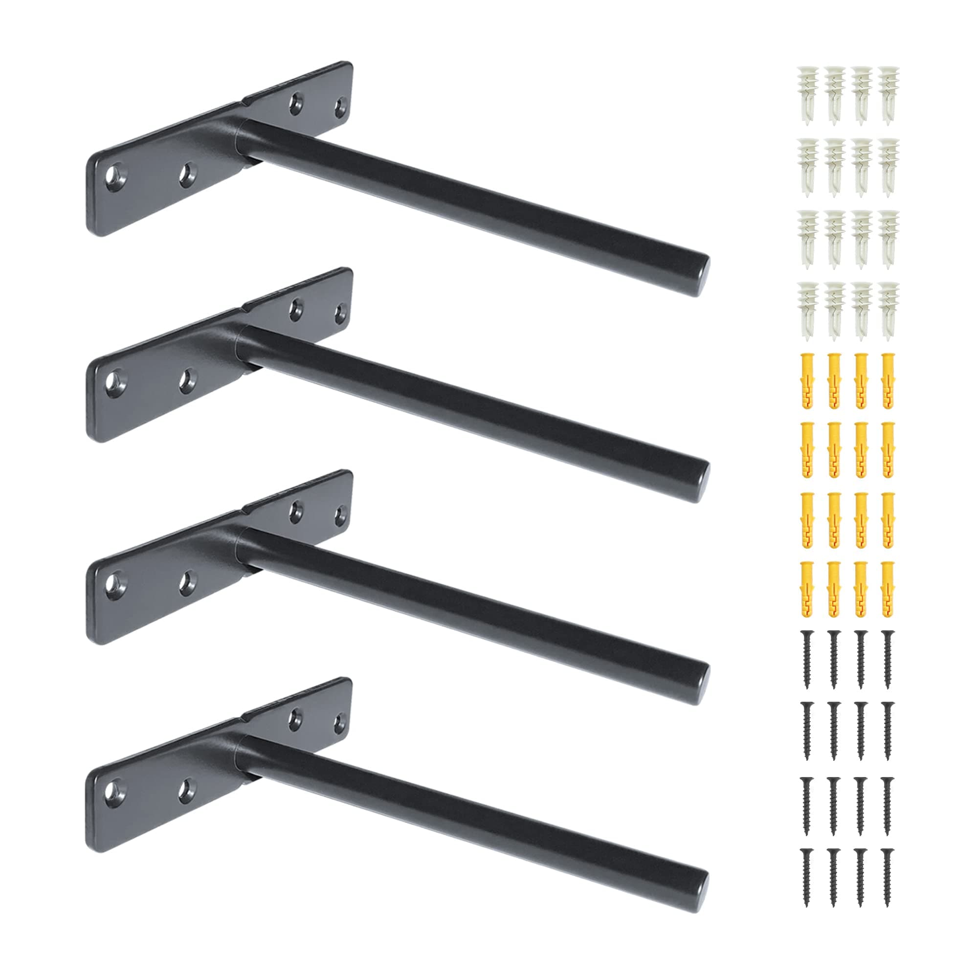 Premium Heavy Duty Floating Shelf Brackets - Solid Steel Wall Mounted Bracket for Concealed Shelves with Screws & Wall Plugs for Drywall & Concrete Wall - Invisible Hidden Supports (4 Pcs, Black)