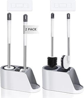 Pack of 2 Toilet Cleaning Brushes Set Holder Stand with Silicone Toilet Bowl Brush & Soft Bristles Bathroom Cleaning Floor Scrubber Brush,Ventilated Drying Stand,Self Adhesive Wall Mounted ToiletBrush