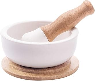 Porcelain Mortar and Pestle Set – Pill Crusher, Spice Grinder, Herb Bowl, Pesto Powder – Molcajete for Salt - Plus Lid/Non-Slip Base