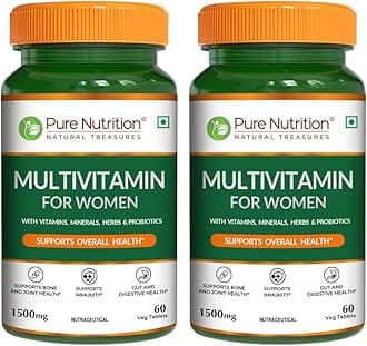 Pure Nutrition Multivitamin for Women (1500mg), 120 Veg Tabs (60x2), with Biotin, Iron, Alfa Alfa, Moringa, Ginseng, Fenugreek & Green Tea | Supports Immunity, Energy, Stamina, Bone & Overall Health