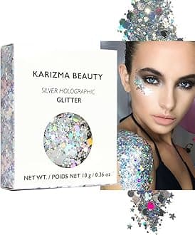 KARIZMA Holographic Silver Body Glitter. 10g Chunky Face, Hair, Eye and Body for Women. Rave, Festival Accessories, Cosmetic Makeup. Loose Set
