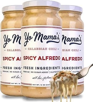 Yo Mama’s Foods Gourmet Keto Spicy Alfredo Pasta Sauce | (3) 16 Ounce Glass Bottles | Our Spicy Sauce is Low Carb, Paleo, Gluten Free, Low Calorie and is Made with only the Freshest Ingredients!