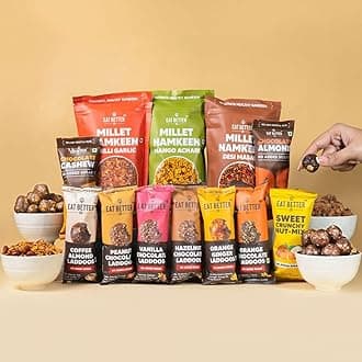 Eat Better Co - Ultimate Snack Box -12 Healthy Snacks - Roasted Namkeens, Dry-Fruit Laddoos - No Added Sugar - Chocolate Coated Nuts & more - 900gms